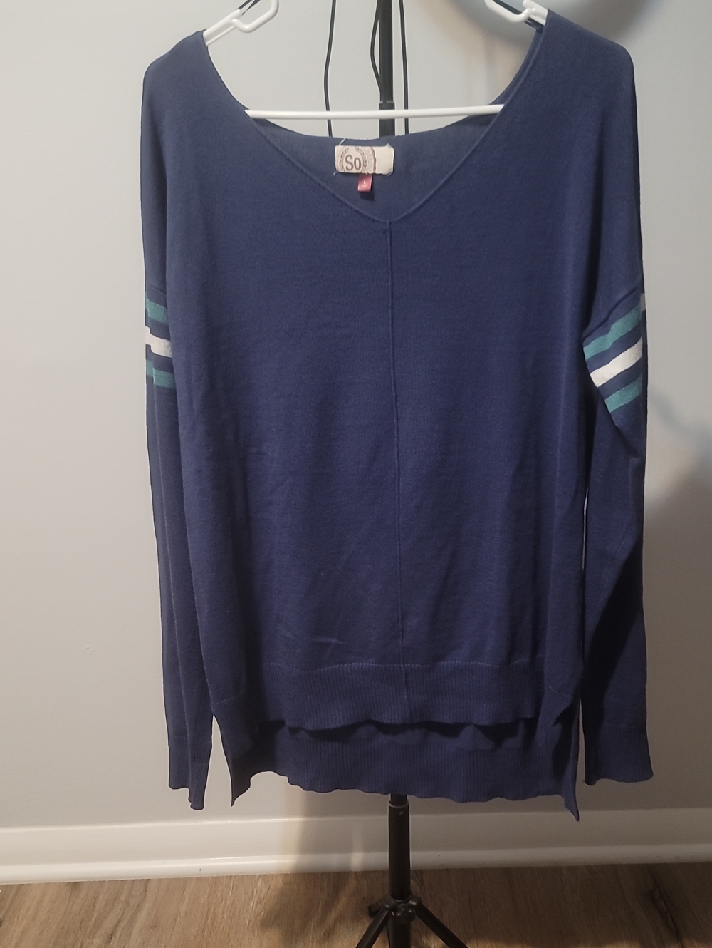 SO Navy V-Neck Sweater with Teal and White Sleeve Stripes